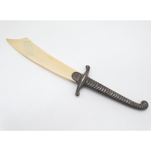 555 - A Victorian paper knife / page turner formed as a sabre, with silver handle and ivory blade marked '... 