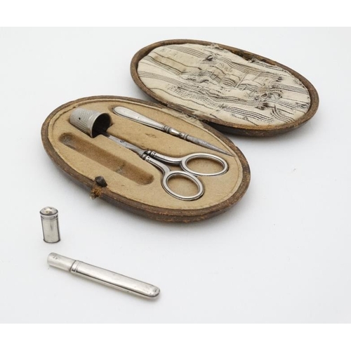 582 - A necessarie / etui containing French white metal needle / bodkin case,  together with scissors thim... 