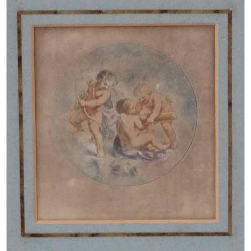 59 - F Bartolozzi after Cipriani, Coloured print, ' Children and Doves ', Aperture 5 1/2 x 5''.