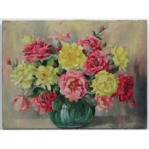 6 - Deirdre Henty Creer (XX) FRSA, Oil on canvas, Still Life of old roses in a vase, Signed lower  right... 