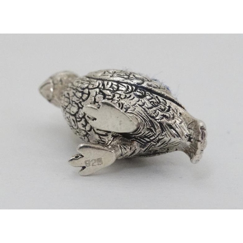 615 - A .925 silver novelty miniature pin cushion formed as a partridge. 21stC . 1'' long