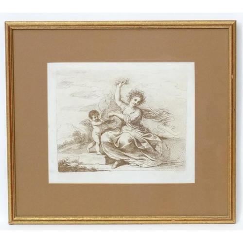 62 - F Bartolozzi , Sepia etching, Cupid and seated figure,