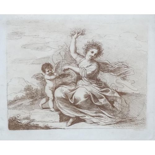 62 - F Bartolozzi , Sepia etching, Cupid and seated figure,