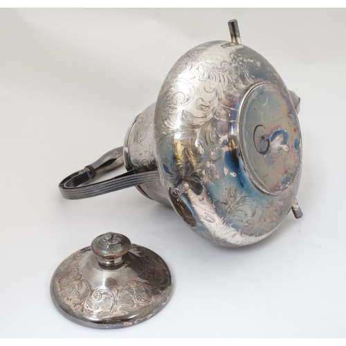 634 - A silver plated spirit kettle on stand with burner under. The whole approx 14 1/2'' high