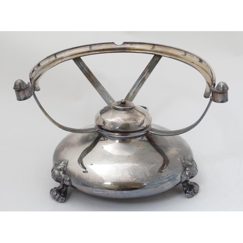 634 - A silver plated spirit kettle on stand with burner under. The whole approx 14 1/2'' high