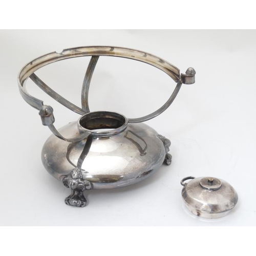 634 - A silver plated spirit kettle on stand with burner under. The whole approx 14 1/2'' high