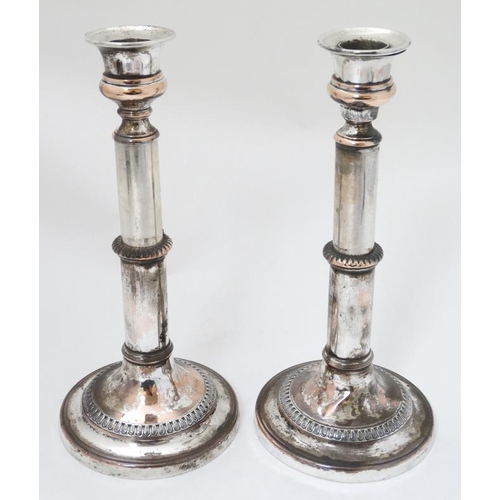 639 - A pair of Sheffield plate telescopic candlesticks  7 1/2'' high (closed)