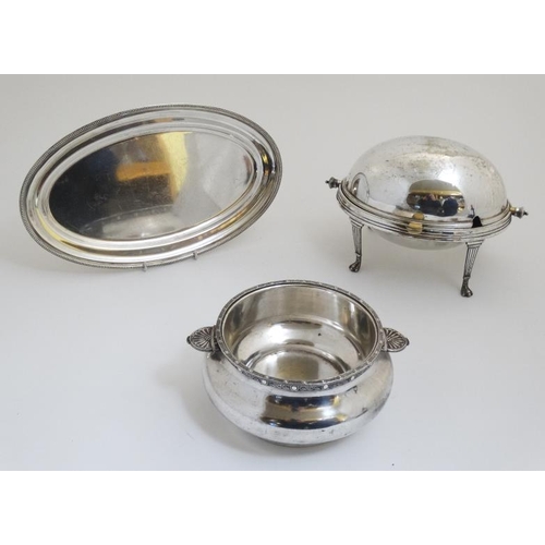 640 - 3 items of silver plated wares comprising  oval tray, a serving dish with rotating dome cover on fou... 