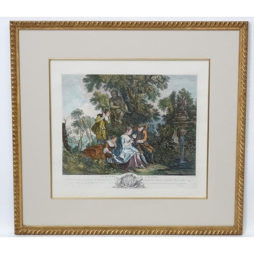 65 - Jacques Phillippe La Bus after Lancret, Hand coloured reprint engraving, ' Le Maitre Galant ...'  , ... 