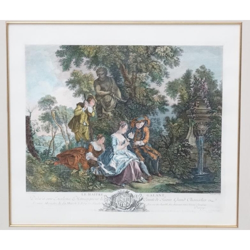 65 - Jacques Phillippe La Bus after Lancret, Hand coloured reprint engraving, ' Le Maitre Galant ...'  , ... 