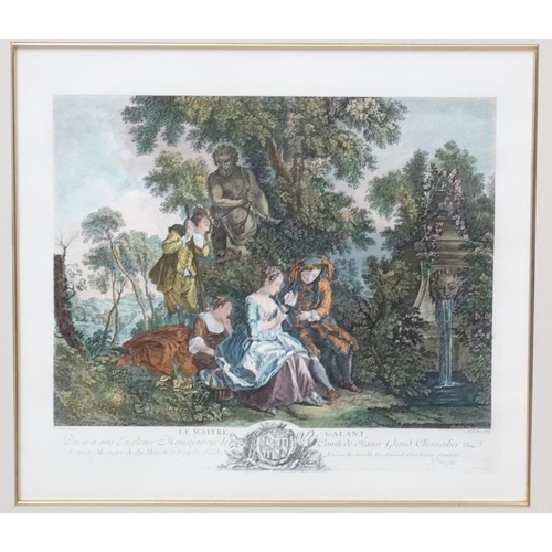 65 - Jacques Phillippe La Bus after Lancret, Hand coloured reprint engraving, ' Le Maitre Galant ...'  , ... 