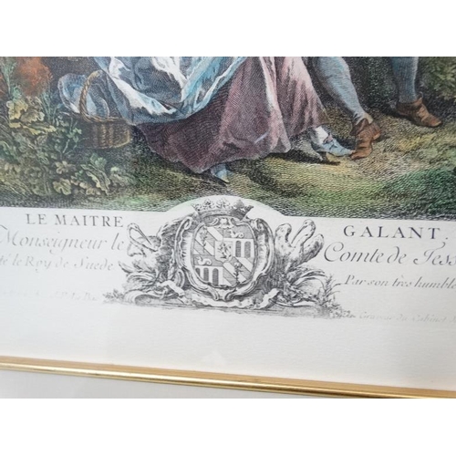 65 - Jacques Phillippe La Bus after Lancret, Hand coloured reprint engraving, ' Le Maitre Galant ...'  , ... 