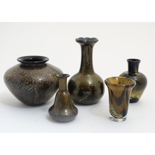 667 - Studio / Art glass : 5 various glass vases dark ground with iridescent gilt like finish. one indisti... 