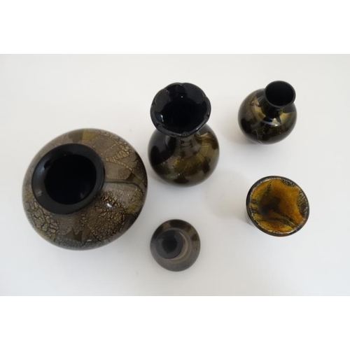 667 - Studio / Art glass : 5 various glass vases dark ground with iridescent gilt like finish. one indisti... 