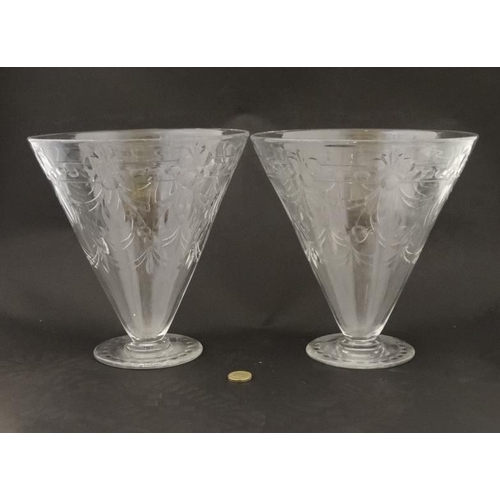 686 - A pair of 19thC / early 20thC pedestal vases of conical form with cut decoration approx 8 3/4'' high