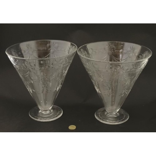 686 - A pair of 19thC / early 20thC pedestal vases of conical form with cut decoration approx 8 3/4'' high