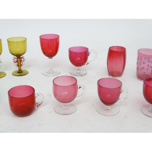 697 - Assorted glass ware - various coloured  drinking glasses to include  beakers, wine glasses etc ( app... 