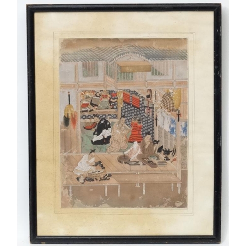 70 - Japanese Wood Block, Mokuhanga possibly ukiyo-e, Figures making Samurai  armour and others painting ... 