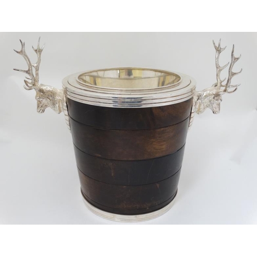 700 - A large silver plate ice/ champagne bucket / wine cooler with wooden banded decoration to outer and ... 