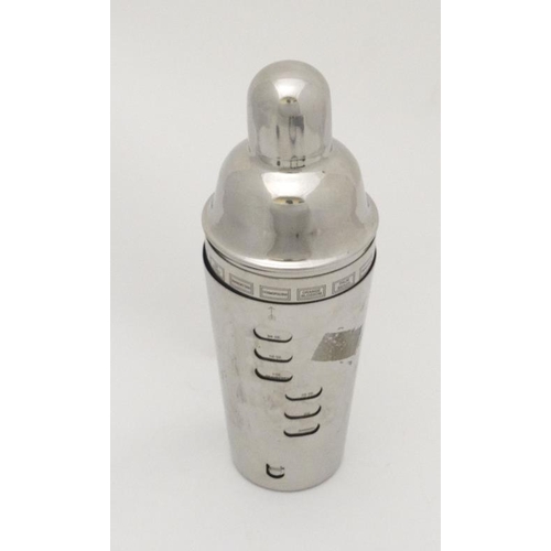 705 - A 21stC silver plated Stainless Steel Cocktail shaker with removable section showing menu constituen... 