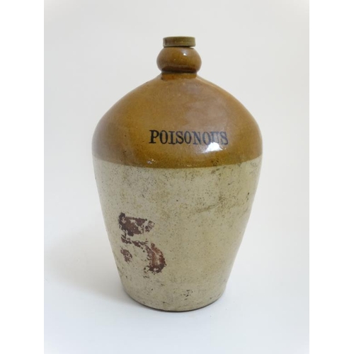 719 - An early 20thC 2-tone salt glass flagon marked ' Poisonous ' with unusual dimple like three sided to... 