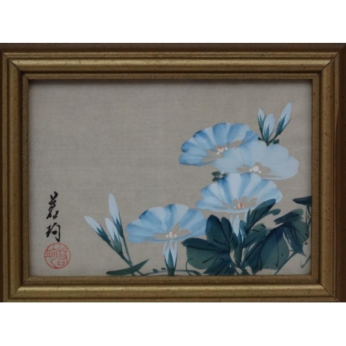 72 - Oriental watercolour and gouache on silk x 4, Flower sprigs on silk, Each signed and seal stamped, E... 