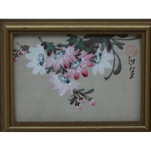 72 - Oriental watercolour and gouache on silk x 4, Flower sprigs on silk, Each signed and seal stamped, E... 