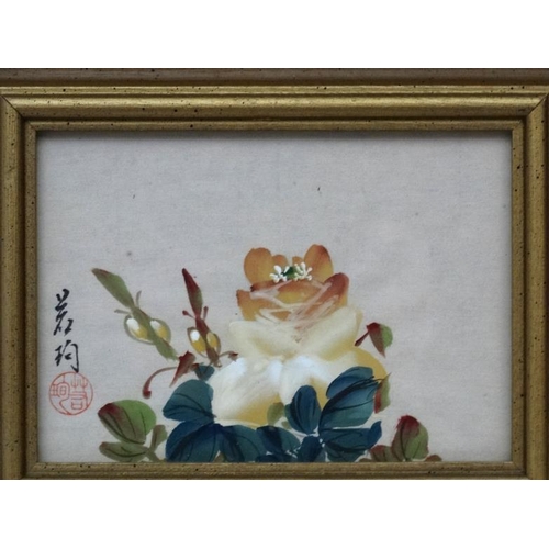 72 - Oriental watercolour and gouache on silk x 4, Flower sprigs on silk, Each signed and seal stamped, E... 