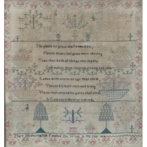 73 - Regency Sampler : ' Mary Wetherington Finished this work in the Year 1818  ', Silk on linen, 13 1/2 ... 