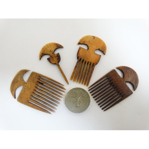 731 - Ethnographic Native Tribal : a set of 4 patinated ivory 19thC hair piece combs of 1 , 7, 11 & 11 tee... 