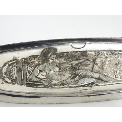 747 - A late 19thC Arts and Crafts silver plated pen tray 11'' long