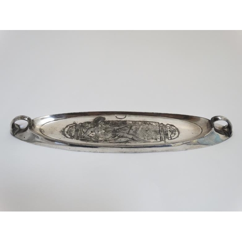 747 - A late 19thC Arts and Crafts silver plated pen tray 11'' long