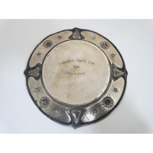 748 - Art Nouveau : Vaughton Brothers , Birmingham a relief silver plated small charger with enamel decora... 