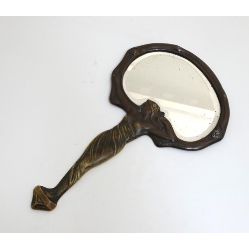 750 - Art Nouveau :  Michail Jampolsky 1874-? French  Bronze Sculpture hand mirror c. 1900 Handle formed a... 