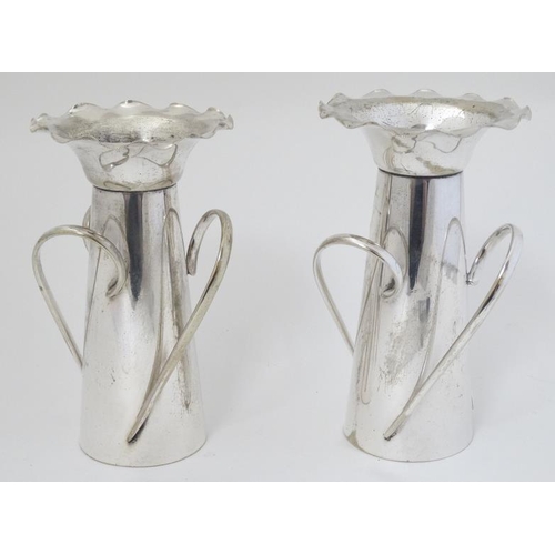 754 - Arts & Crafts : A pair of silver plate T&G vases marked under. 6 1/2'' high