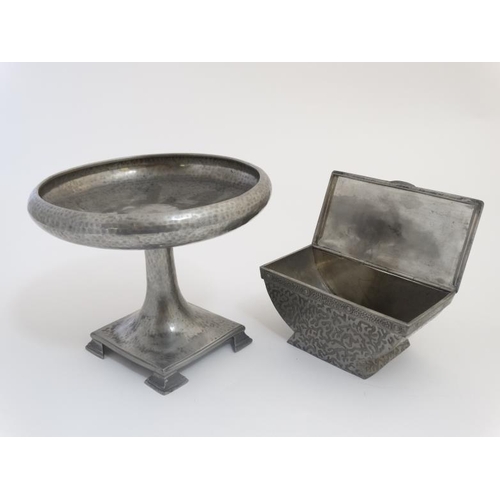 756 - Arts and Crafts : A Talbot pewter plannished tazza on a four footed base. 6 1/4'' high, together wit... 