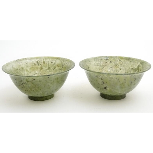 758 - A pair of Spinach green Chinese jade dishes/bowls approx 4'' diameter x 1 5/8'' high