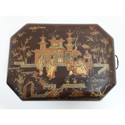 763 - An early 19thC brown lacquer ladies sewing / work box with gilt Chinoiserie decoration, having writi... 