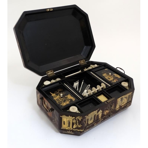 763 - An early 19thC brown lacquer ladies sewing / work box with gilt Chinoiserie decoration, having writi... 