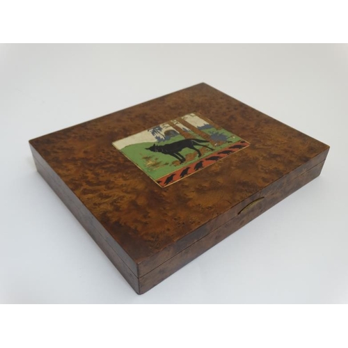 778 - A fine early 20thC amboyna with enamel and brass inlay European cedar lined cigar box with piano hin... 