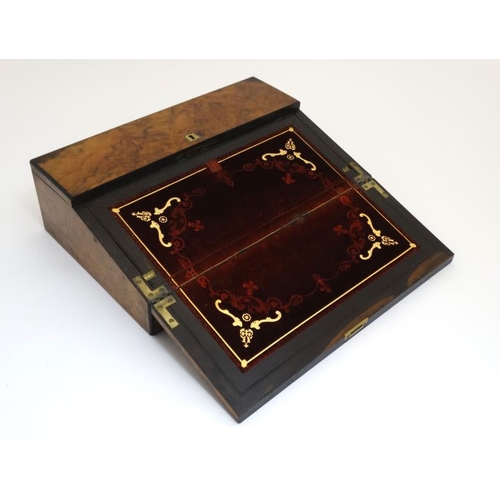 780 - A19thC burr walnut and coromandle writing slope opening to reveal a velvet lined interior, stationar... 