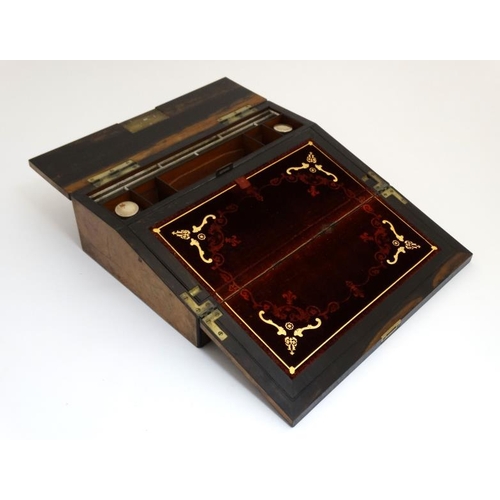 780 - A19thC burr walnut and coromandle writing slope opening to reveal a velvet lined interior, stationar... 