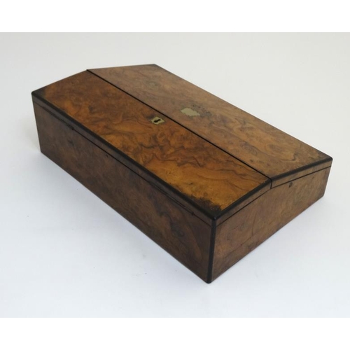 780 - A19thC burr walnut and coromandle writing slope opening to reveal a velvet lined interior, stationar... 