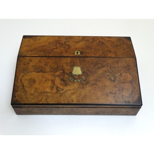 780 - A19thC burr walnut and coromandle writing slope opening to reveal a velvet lined interior, stationar... 