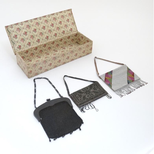 785 - Fabric covered glove box containing 3 purses, black brown chain mail purse with stylisted floral des... 