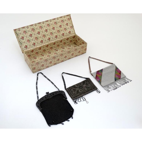 785 - Fabric covered glove box containing 3 purses, black brown chain mail purse with stylisted floral des... 