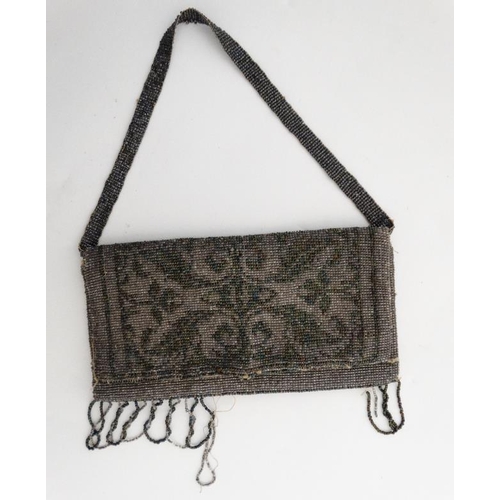 785 - Fabric covered glove box containing 3 purses, black brown chain mail purse with stylisted floral des... 