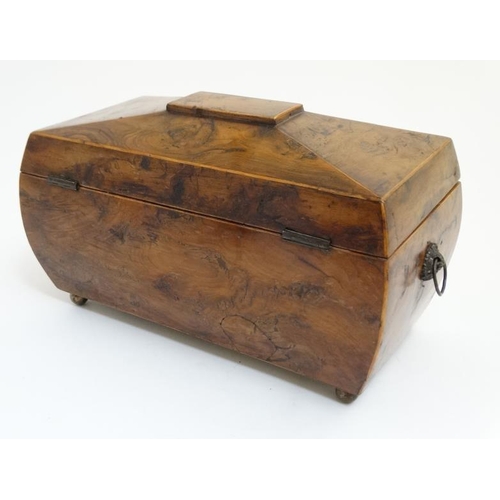 790 - A C.1800 Regency burr yewwood bombe sarcophagus shaped bombe tea caddy 12'' long x 6 1/4'' deep x 6 ... 