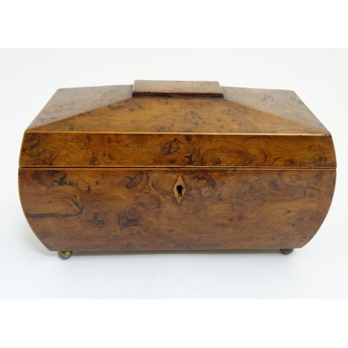 790 - A C.1800 Regency burr yewwood bombe sarcophagus shaped bombe tea caddy 12'' long x 6 1/4'' deep x 6 ... 