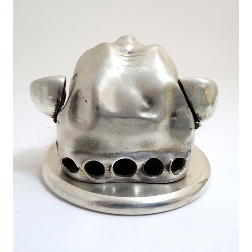 796 - A 21st silver plate novelty desk bell formed as a bulldogs head . The base 4 1/2'' diameter